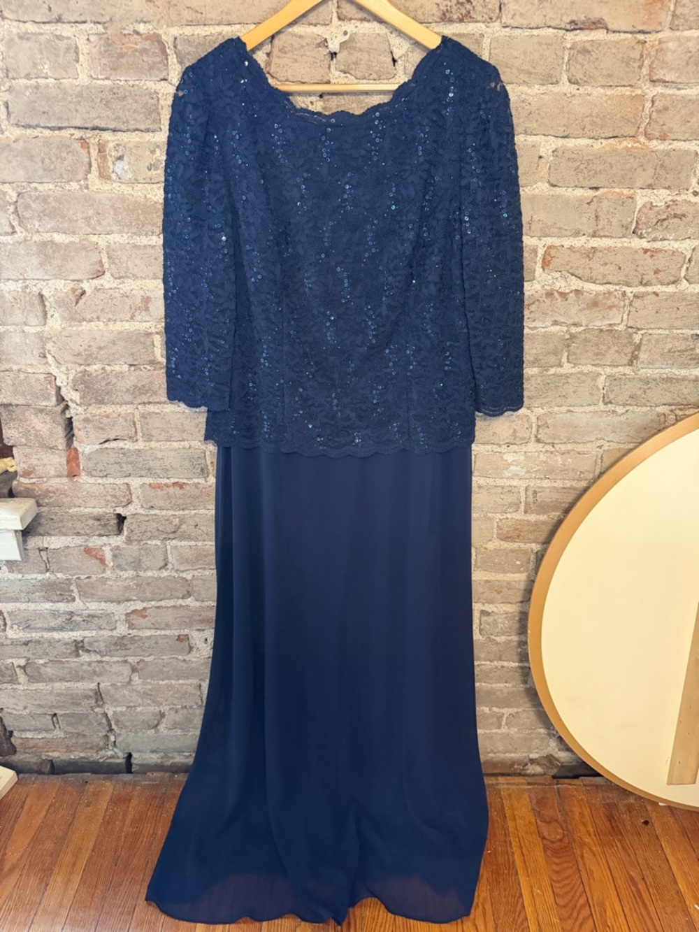 Alex Evenings Navy Sequin Lace Long Sleeve Evening Gown